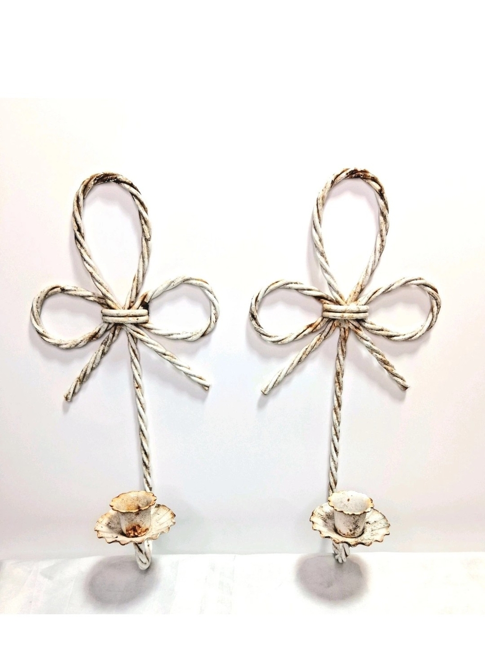 (2) Vintage  Wall Sconces White Bow Wall Hanging  Rustic Candle Holders 12"